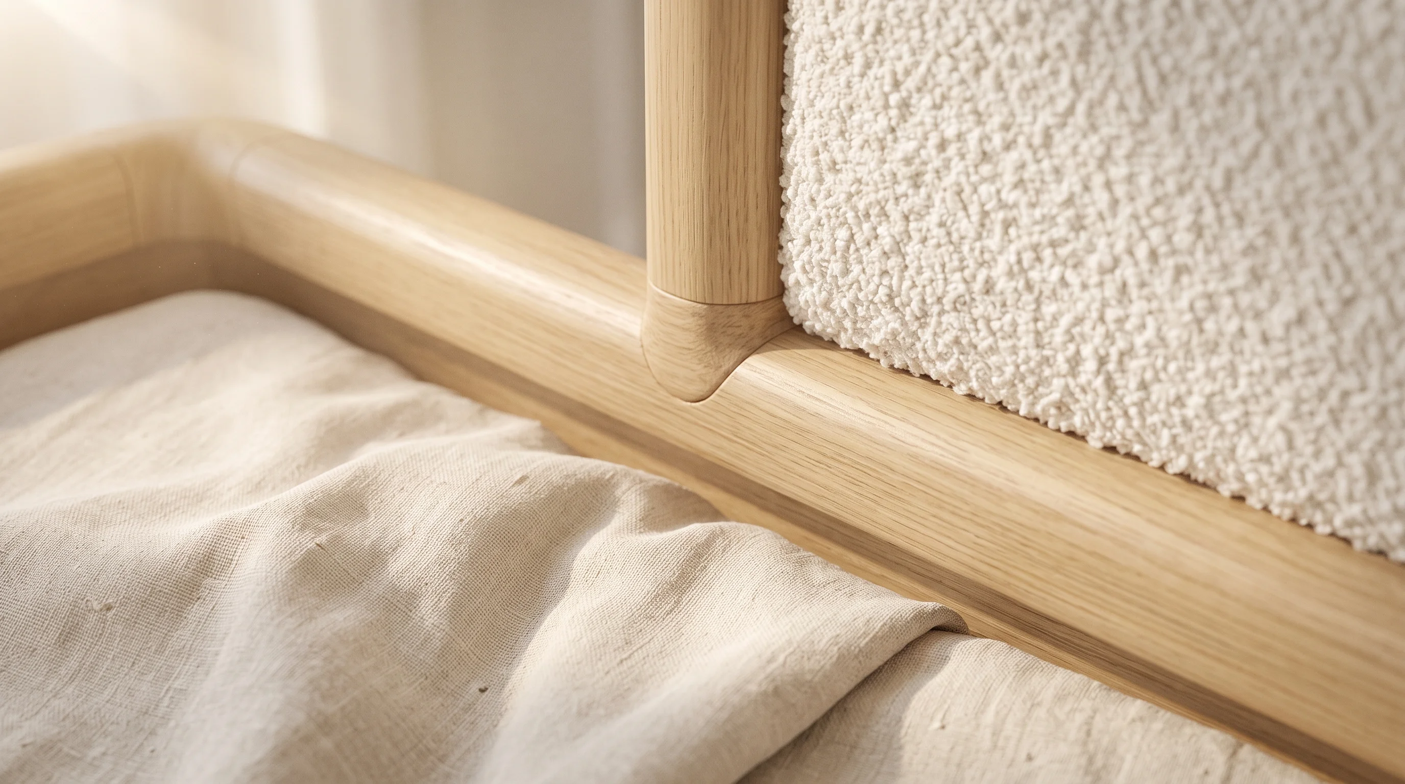 Hypoallergenic bouclé reading bench and natural linen accents